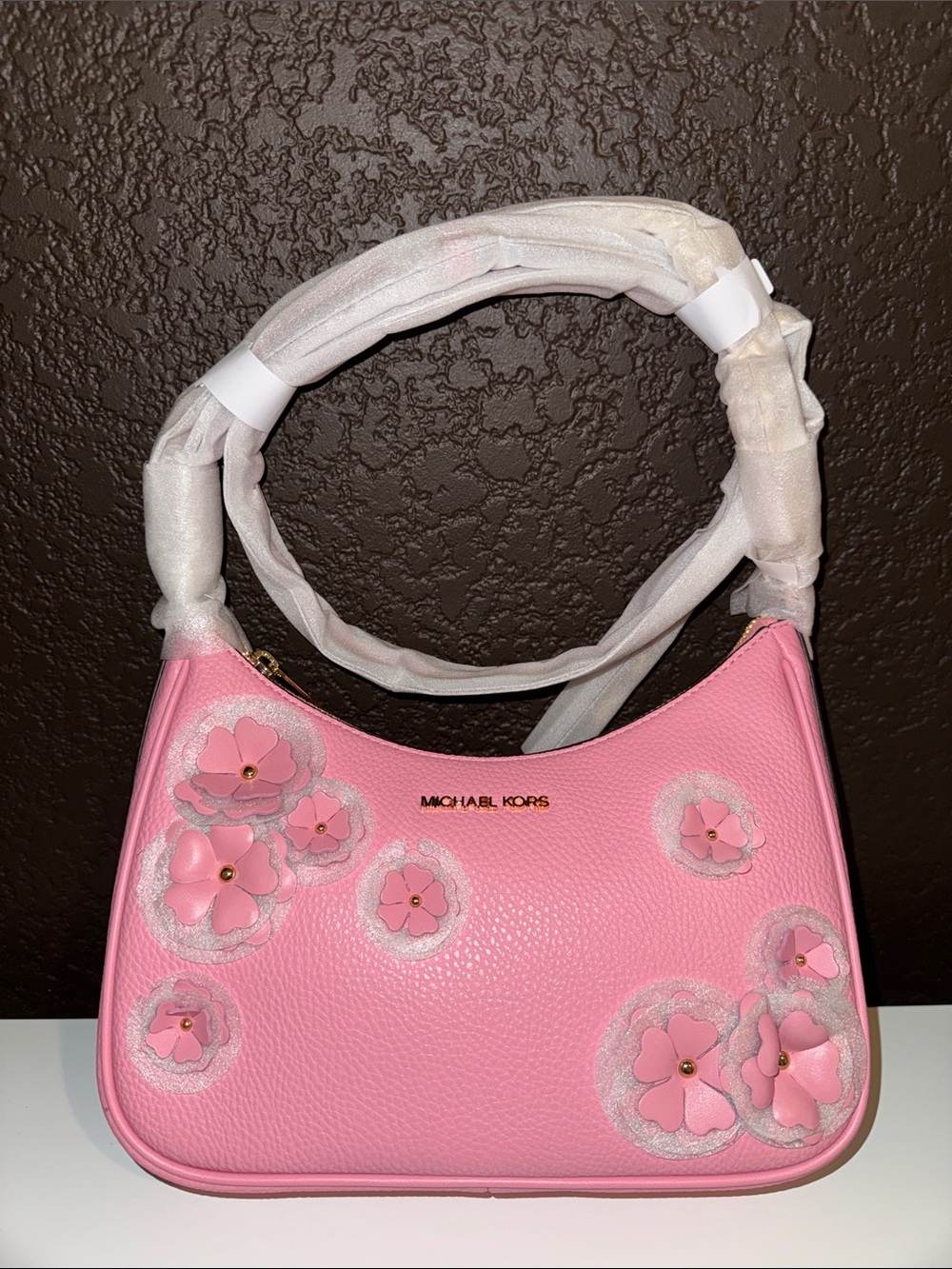 Michael Kors Pink Floral Shoulder Bag with Gold Logo